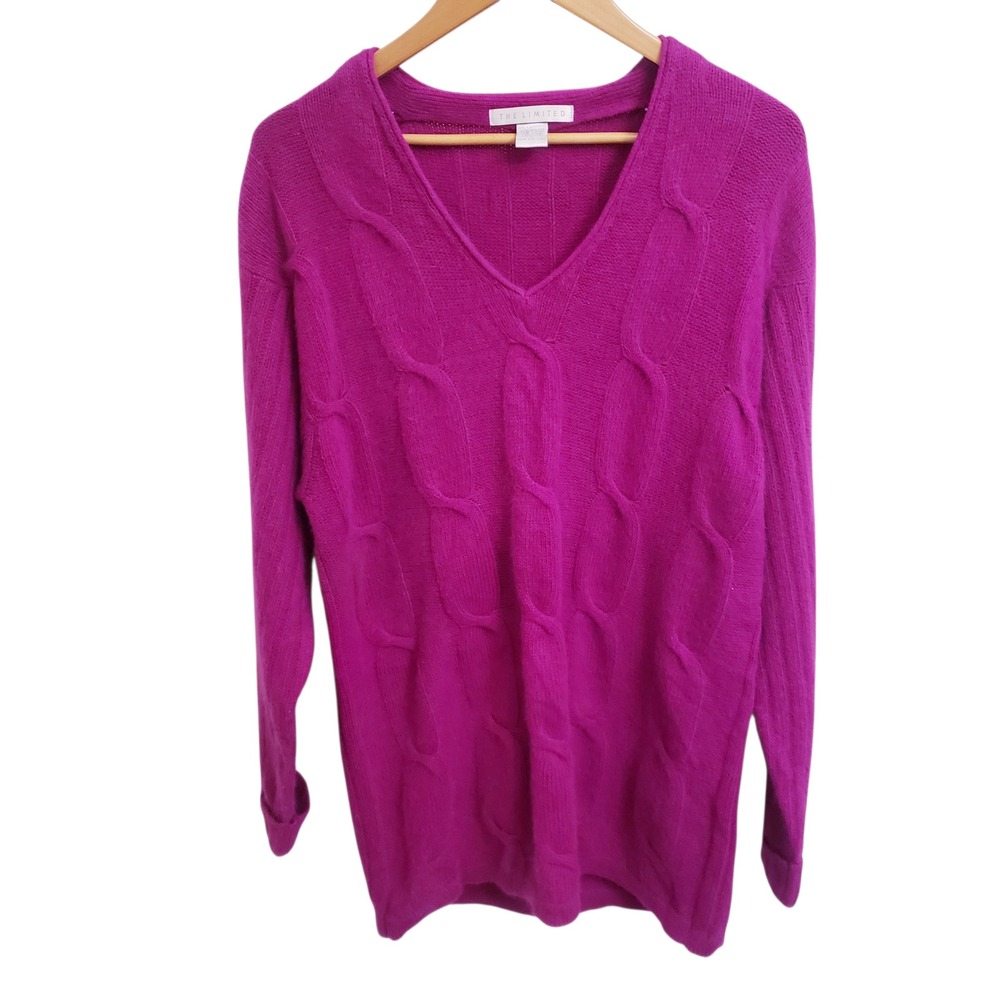 Vintage The Limited Cable Knit V-Neck Magenta Lambswool Angora Blend Sweater, M